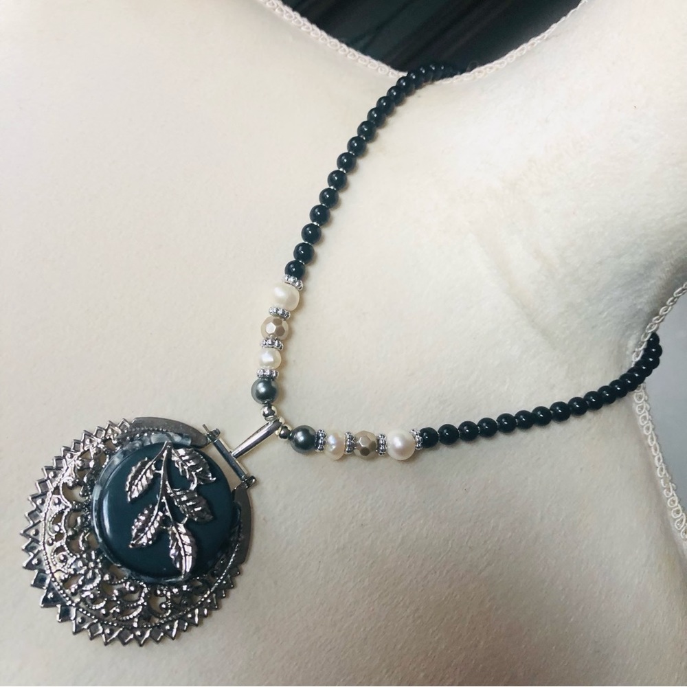 Handcrafted repurpose filigree leaf pendant Czech glass Pearl necklace